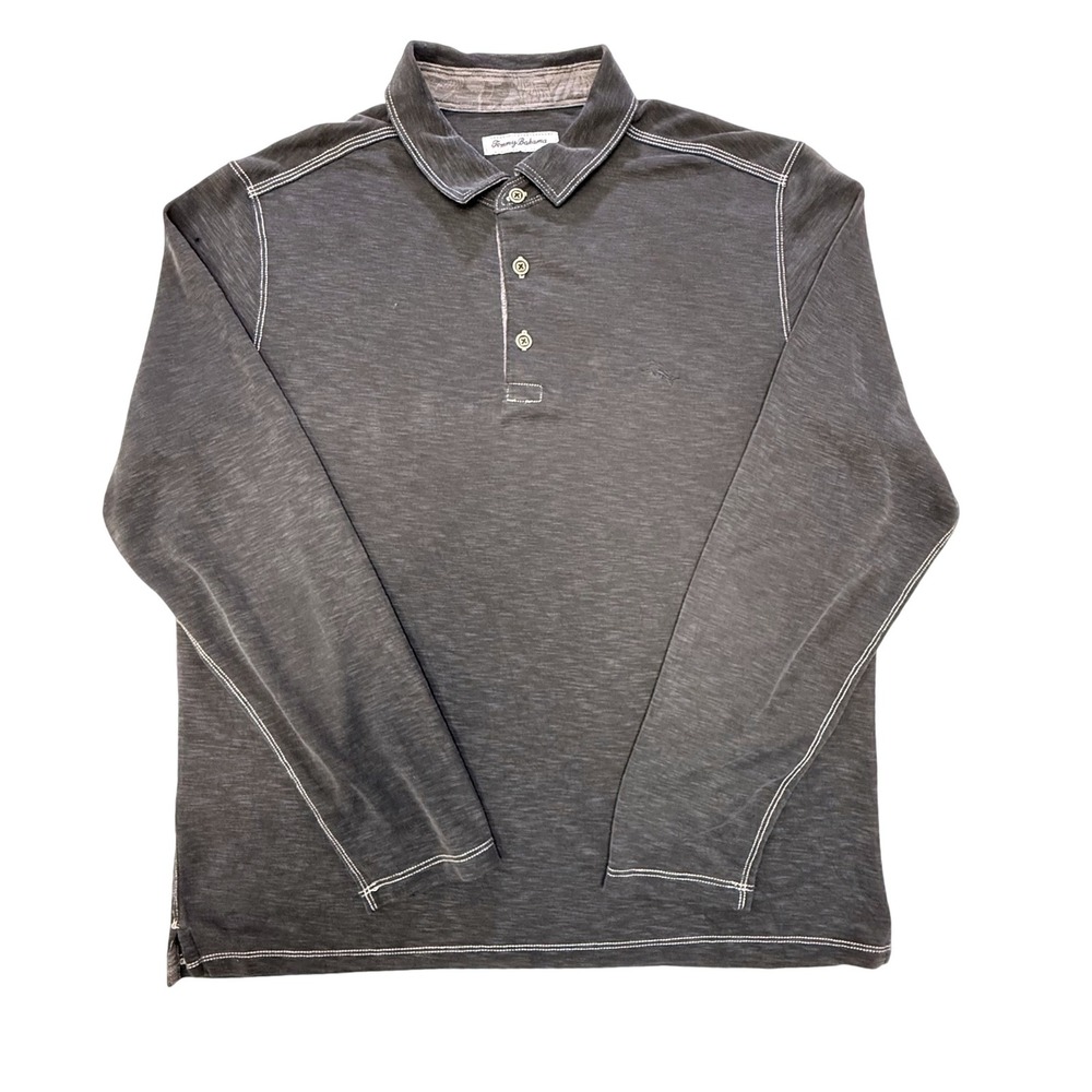 Tommy Bahama Mens Large Gray Long Sleeve Polo Shirt Modal Blend Contrast Stitch